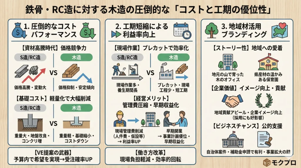 鉄骨・RC造に対する木造の圧倒的な「コストと工期の優位性」