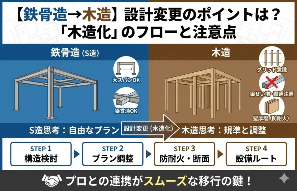 【鉄骨造→木造】設計変更のポイントは？「木造化」のフローと注意点