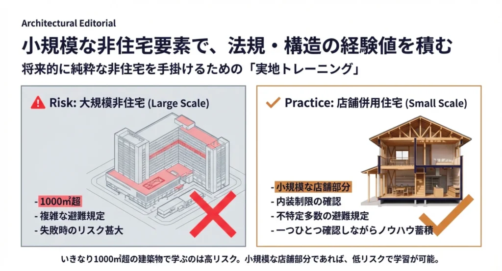 小規模な非住宅要素で法規・構造の経験を積む 