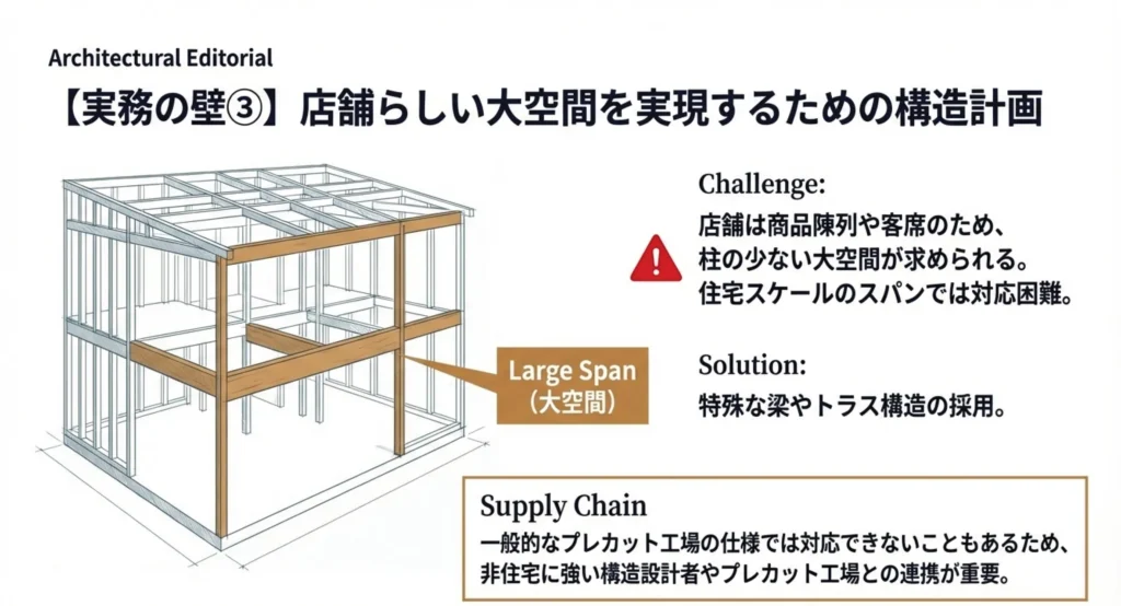 店舗らしい大空間を実現するための構造計画 