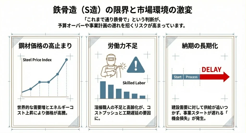鉄骨価格の高騰と木材価格の安定化